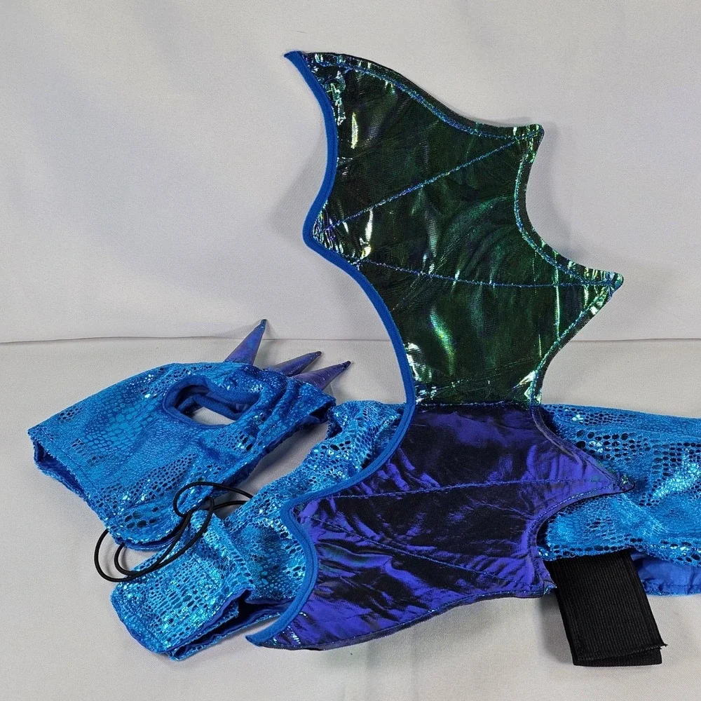 New Vibrant Life Halloween Dragon Costume Dog Medium Blue Metallic Wings 2pc Set